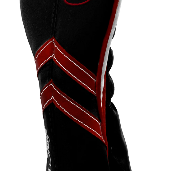 Right-Side view of a Black, Black, Red, and Red Retro-T Hybrid Headcover with Dual-V stripe and split seam