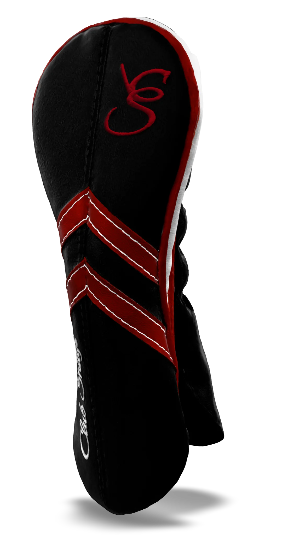 Right-Side view of a Black, Black, Red, and Red Retro-T Hybrid Headcover with Dual-V stripe and split seam