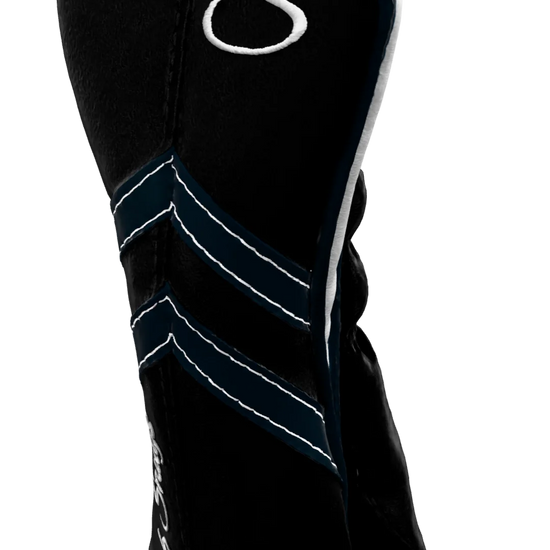 Right-Side view of a Black, Black, Navy, and Navy Retro-T Hybrid Headcover with Dual-V stripe and split seam