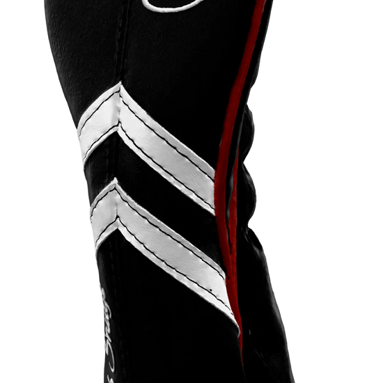 Right-Side view of a Black, Black, White, and Red Retro-T Hybrid Headcover with Dual-V stripe and split seam
