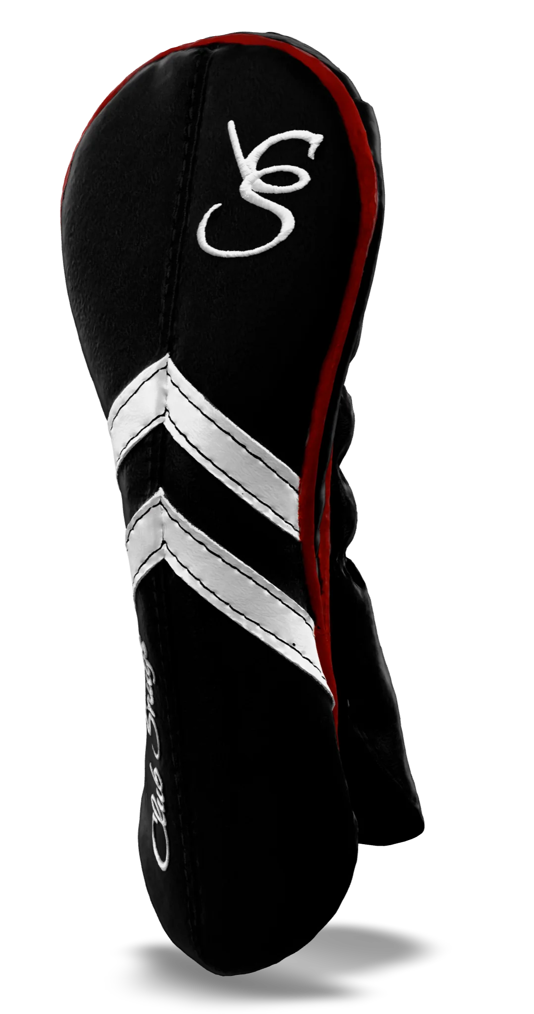 Right-Side view of a Black, Black, White, and Red Retro-T Hybrid Headcover with Dual-V stripe and split seam