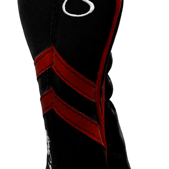 Right-Side view of a Black, Black, Red, and Red Retro-T Hybrid Headcover with Dual-V stripe and split seam