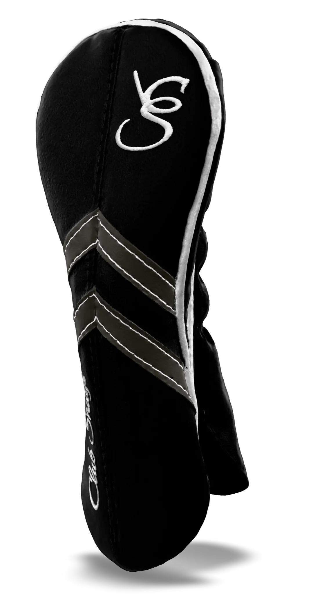 Right-Side view of a Black, Black, Gray, and White Retro-T Hybrid Headcover with Dual-V stripe and split seam