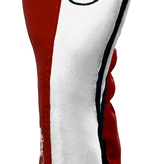 Right-Side view of a Exclusive Red, White, Navy, and Navy Classic Hybrid Headcover with split seam