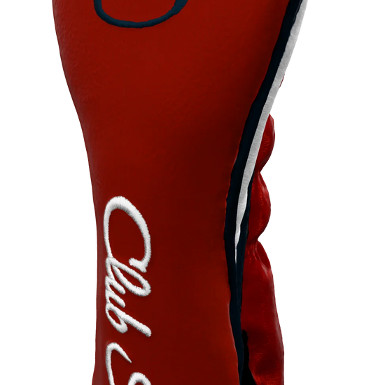 Right-Side view of a Bold Red, Navy, White, and Navy Shield Hybrid Headcover with large branding