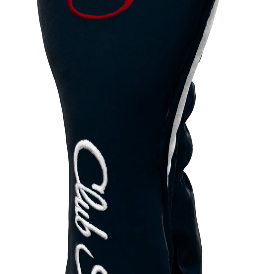 Right-Side view of a Bold Navy, Navy, White, and Red Shield Hybrid Headcover with large branding