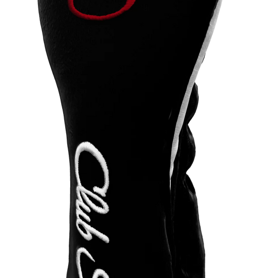 Right-Side view of a Bold Black, Black, White, and Red Shield Hybrid Headcover with large branding
