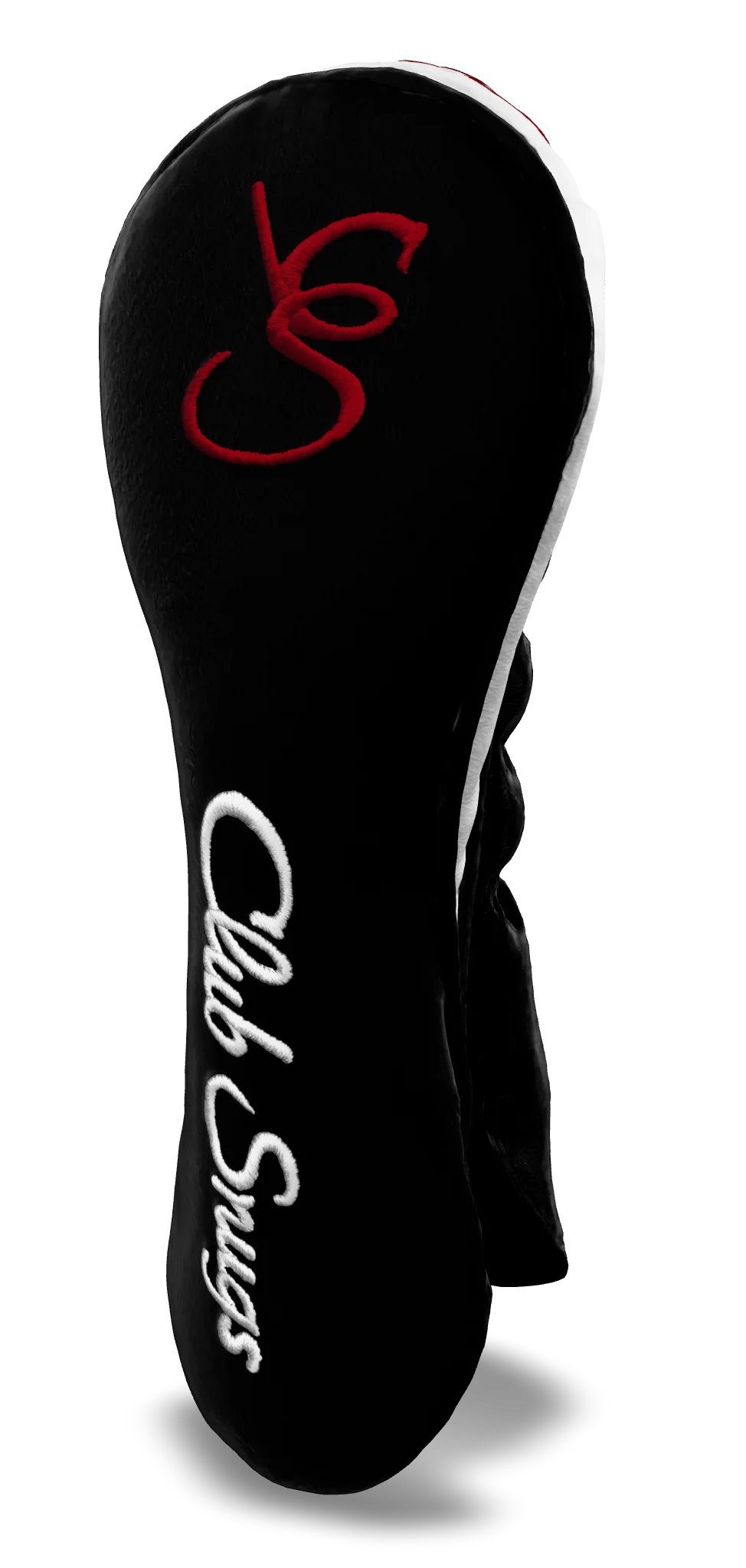 Right-Side view of a Bold Black, Black, White, and Red Shield Hybrid Headcover with large branding