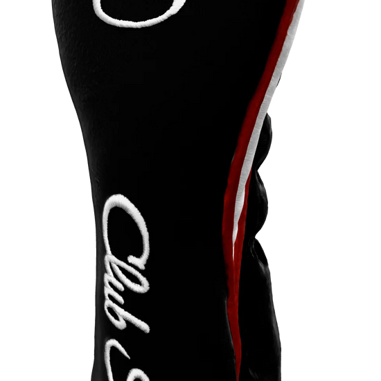 Right-Side view of a Bold Black, Red, White, and White Shield Hybrid Headcover with large branding