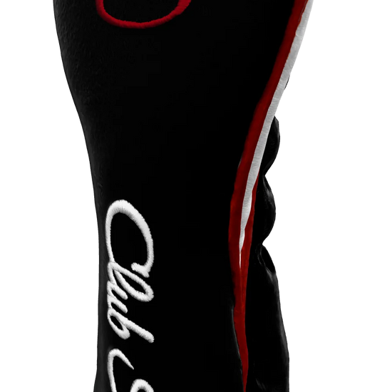 Right-Side view of a Bold Black, Red, White, and Red Shield Hybrid Headcover with large branding
