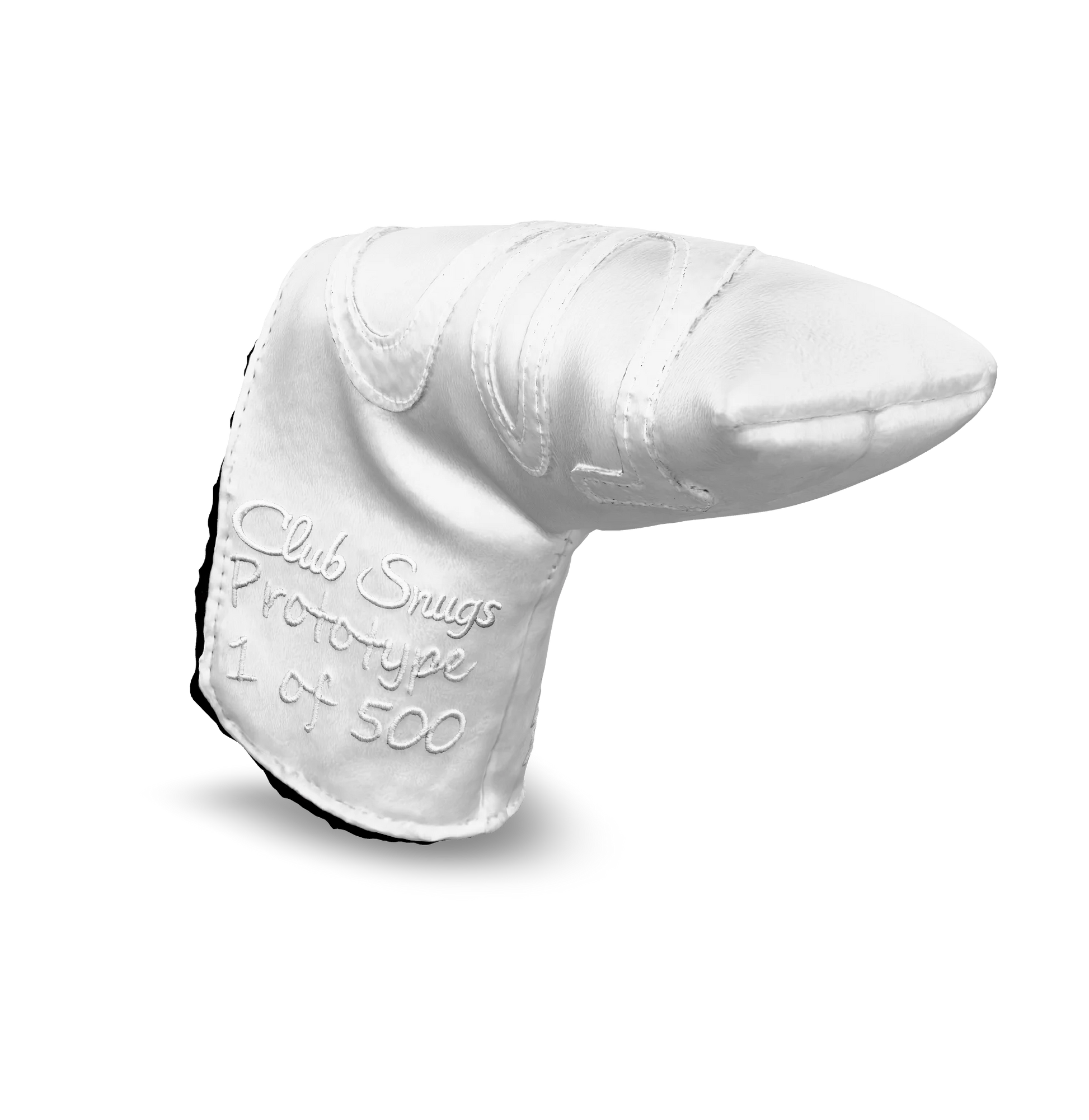 Interactive 3D model of the CS Proto Blade Putter Headcover in White, White, and White, viewable on both desktop and mobile. Mobile users can experience the headcover in their space using augmented reality (AR) for a more immersive experience.