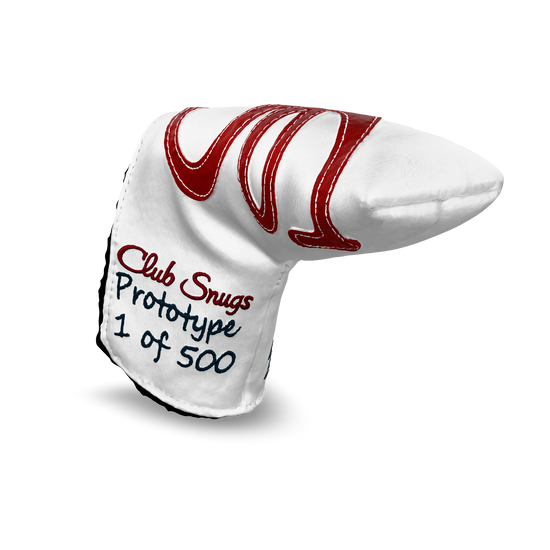 Interactive 3D model of the CS Proto Blade Putter Headcover in White, Red, and Navy, viewable on both desktop and mobile. Mobile users can experience the headcover in their space using augmented reality (AR) for a more immersive experience.
