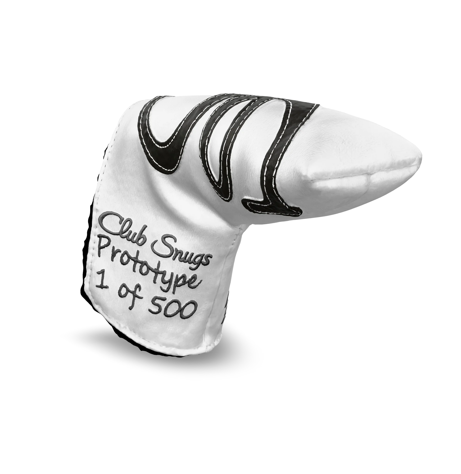 Interactive 3D model of the CS Proto Blade Putter Headcover in White, Gray, and Gray, viewable on both desktop and mobile. Mobile users can experience the headcover in their space using augmented reality (AR) for a more immersive experience.