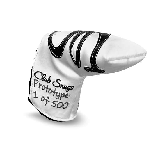 Interactive 3D model of the CS Proto Blade Putter Headcover in White, Black, and Gray, viewable on both desktop and mobile. Mobile users can experience the headcover in their space using augmented reality (AR) for a more immersive experience.