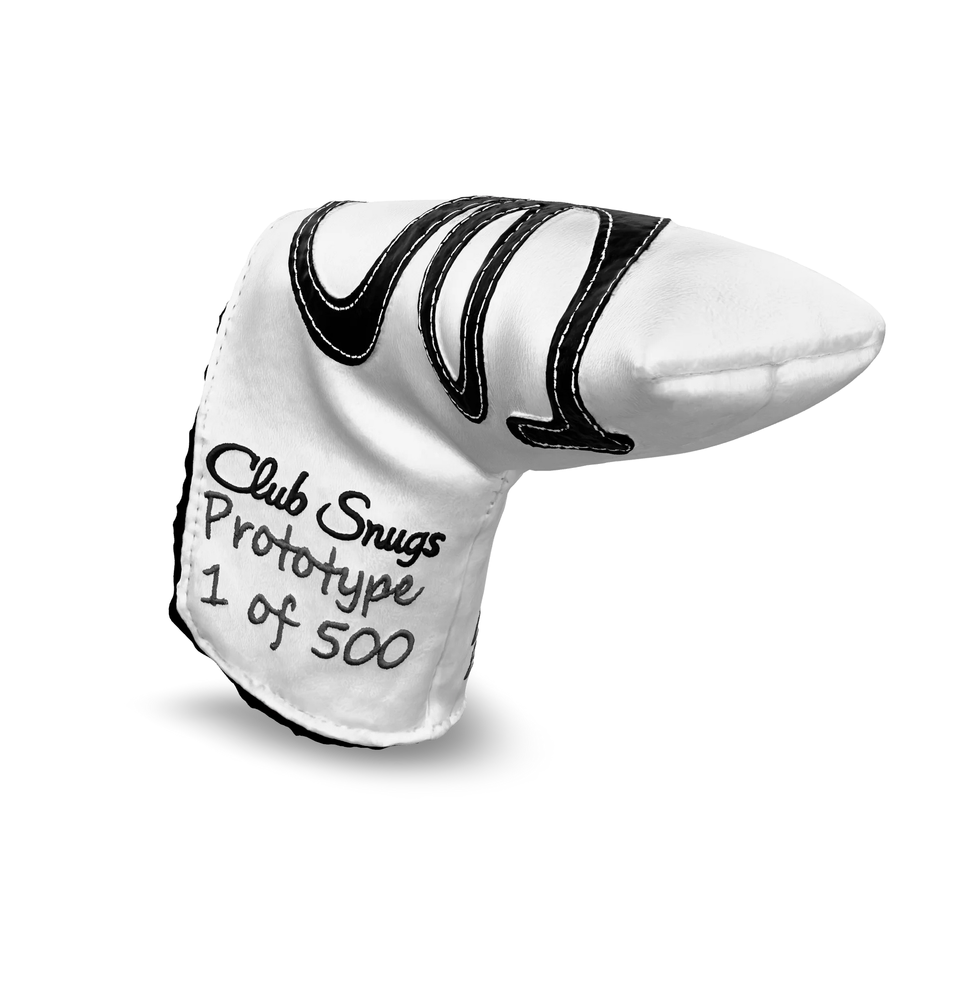 Interactive 3D model of the CS Proto Blade Putter Headcover in White, Black, and Gray, viewable on both desktop and mobile. Mobile users can experience the headcover in their space using augmented reality (AR) for a more immersive experience.