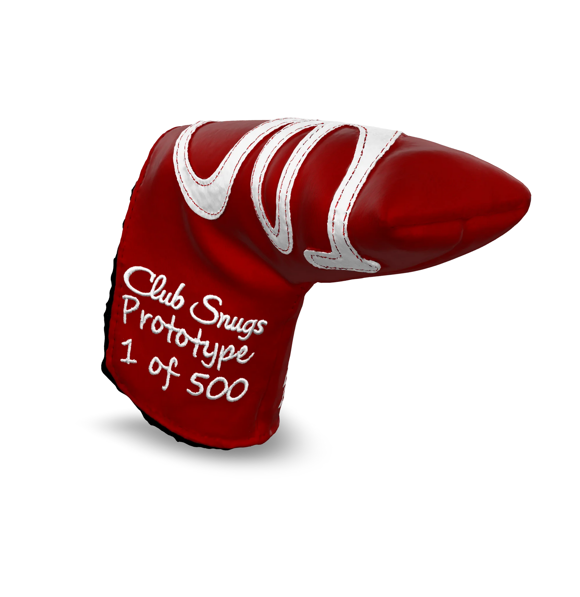 Interactive 3D model of the CS Proto Blade Putter Headcover in Red, White, and White, viewable on both desktop and mobile. Mobile users can experience the headcover in their space using augmented reality (AR) for a more immersive experience.