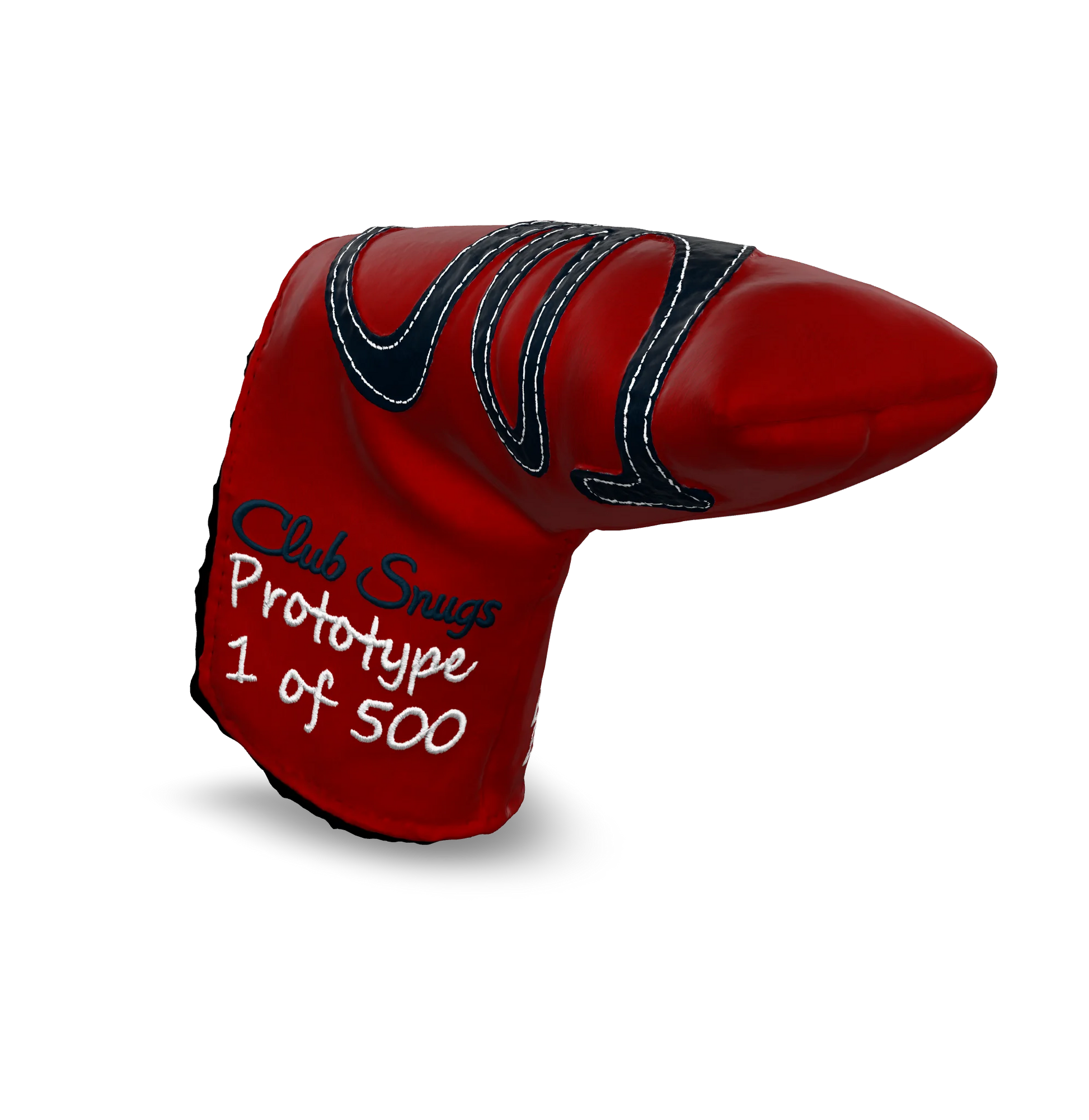 Interactive 3D model of the CS Proto Blade Putter Headcover in Red, Navy, and White, viewable on both desktop and mobile. Mobile users can experience the headcover in their space using augmented reality (AR) for a more immersive experience.
