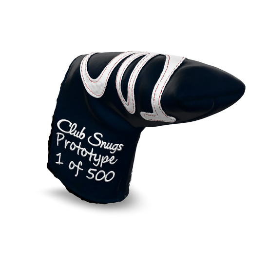 Interactive 3D model of the CS Proto Blade Putter Headcover in Navy, White, and White, viewable on both desktop and mobile. Mobile users can experience the headcover in their space using augmented reality (AR) for a more immersive experience.