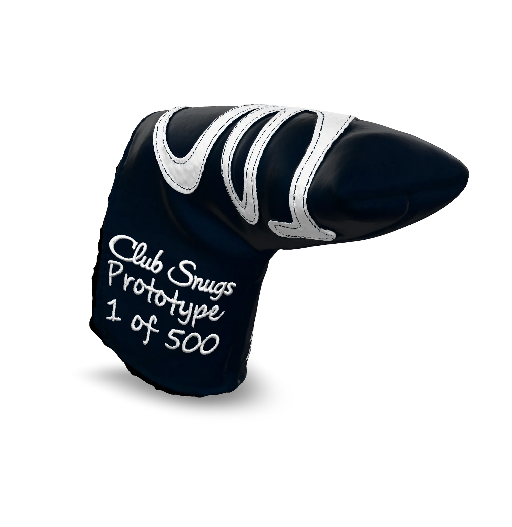 Interactive 3D model of the CS Proto Blade Putter Headcover in Navy, White, and White, viewable on both desktop and mobile. Mobile users can experience the headcover in their space using augmented reality (AR) for a more immersive experience.