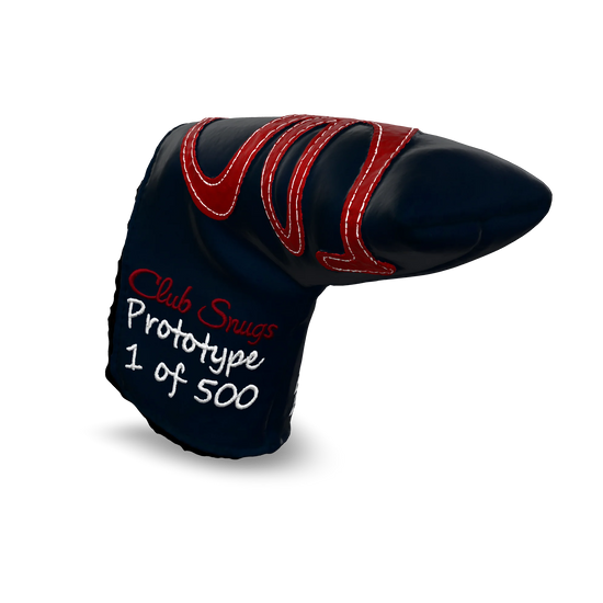 Interactive 3D model of the CS Proto Blade Putter Headcover in Navy, Red, and White, viewable on both desktop and mobile. Mobile users can experience the headcover in their space using augmented reality (AR) for a more immersive experience.