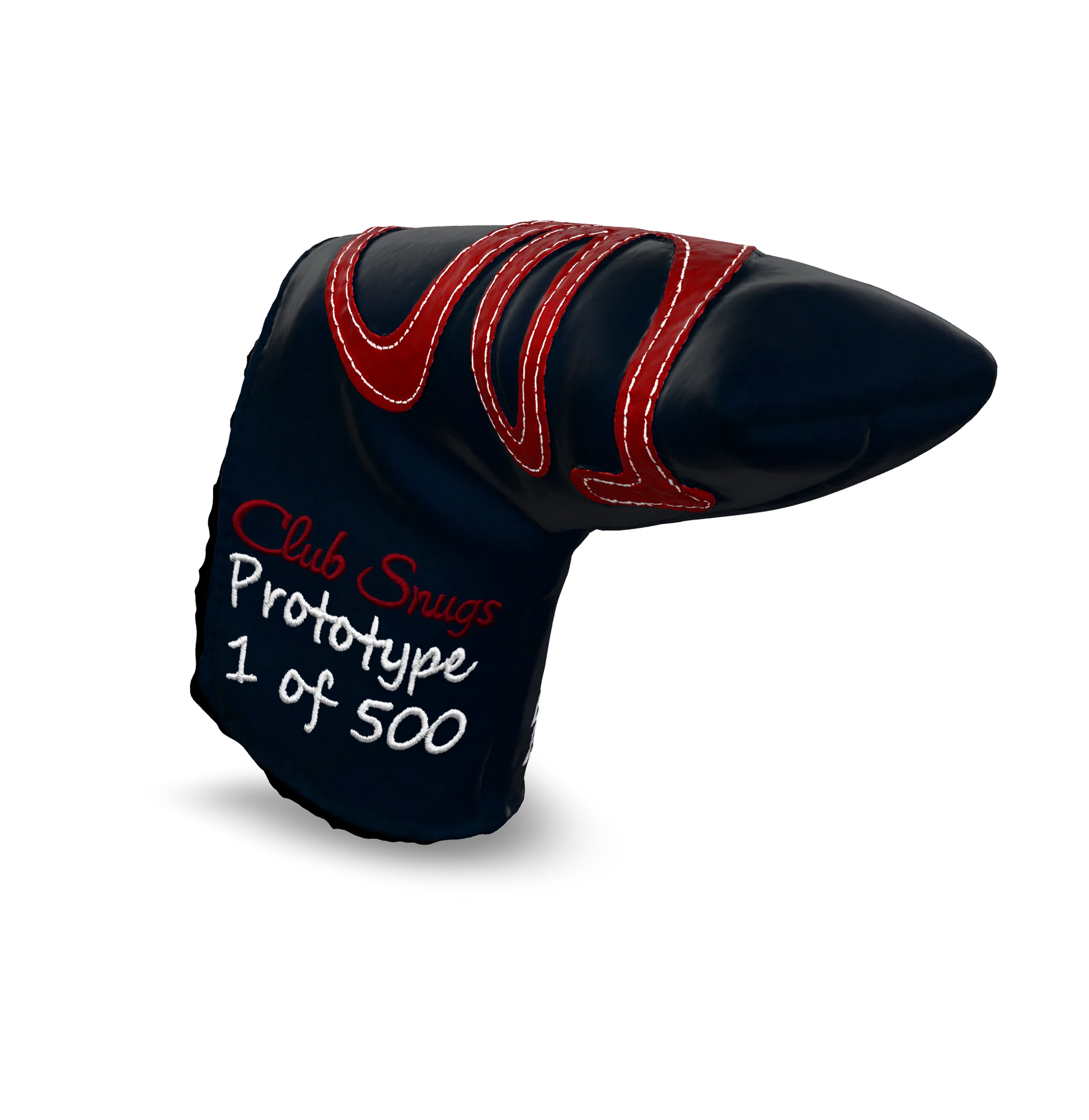 Interactive 3D model of the CS Proto Blade Putter Headcover in Navy, Red, and White, viewable on both desktop and mobile. Mobile users can experience the headcover in their space using augmented reality (AR) for a more immersive experience.