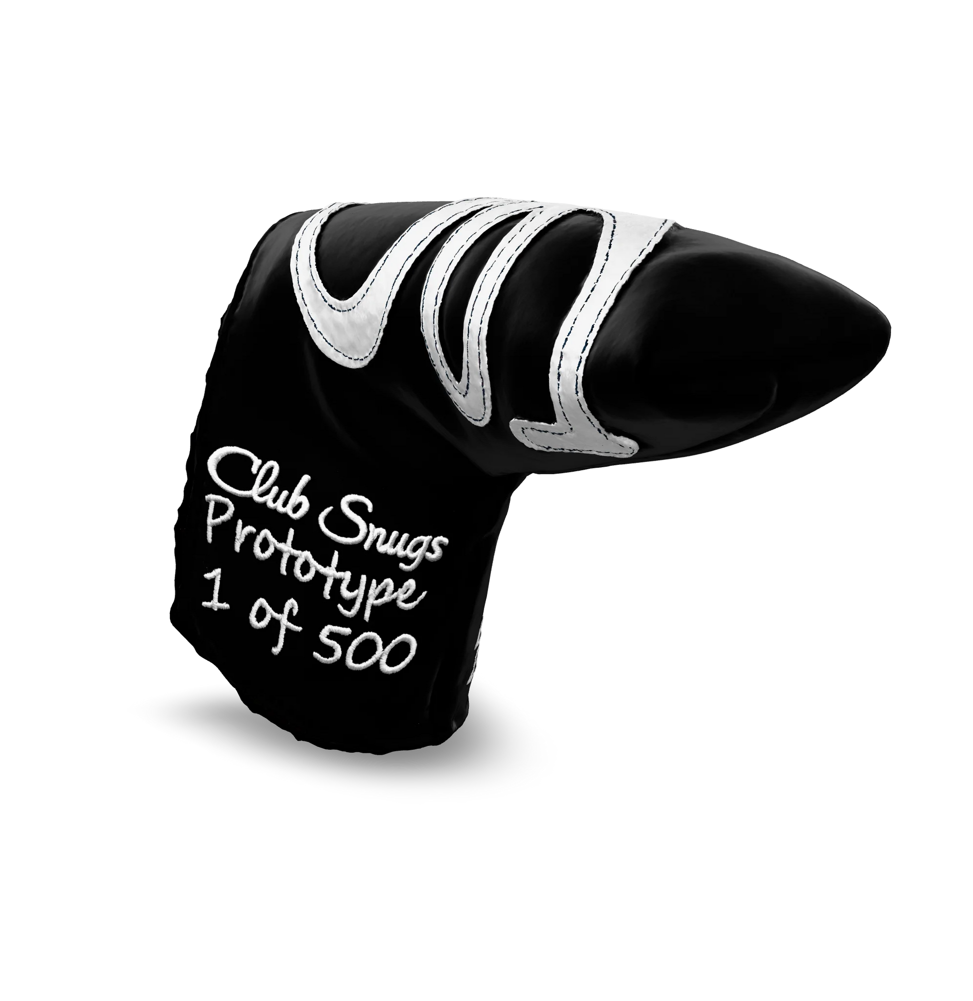 Interactive 3D model of the CS Proto Blade Putter Headcover in Black, White, and White, viewable on both desktop and mobile. Mobile users can experience the headcover in their space using augmented reality (AR) for a more immersive experience.