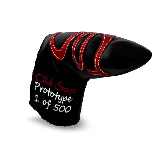 Interactive 3D model of the CS Proto Blade Putter Headcover in Black, Red, and White, viewable on both desktop and mobile. Mobile users can experience the headcover in their space using augmented reality (AR) for a more immersive experience.