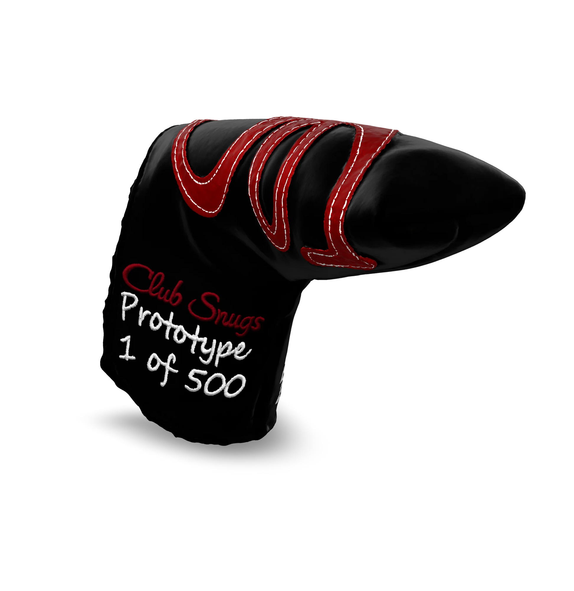 Interactive 3D model of the CS Proto Blade Putter Headcover in Black, Red, and White, viewable on both desktop and mobile. Mobile users can experience the headcover in their space using augmented reality (AR) for a more immersive experience.